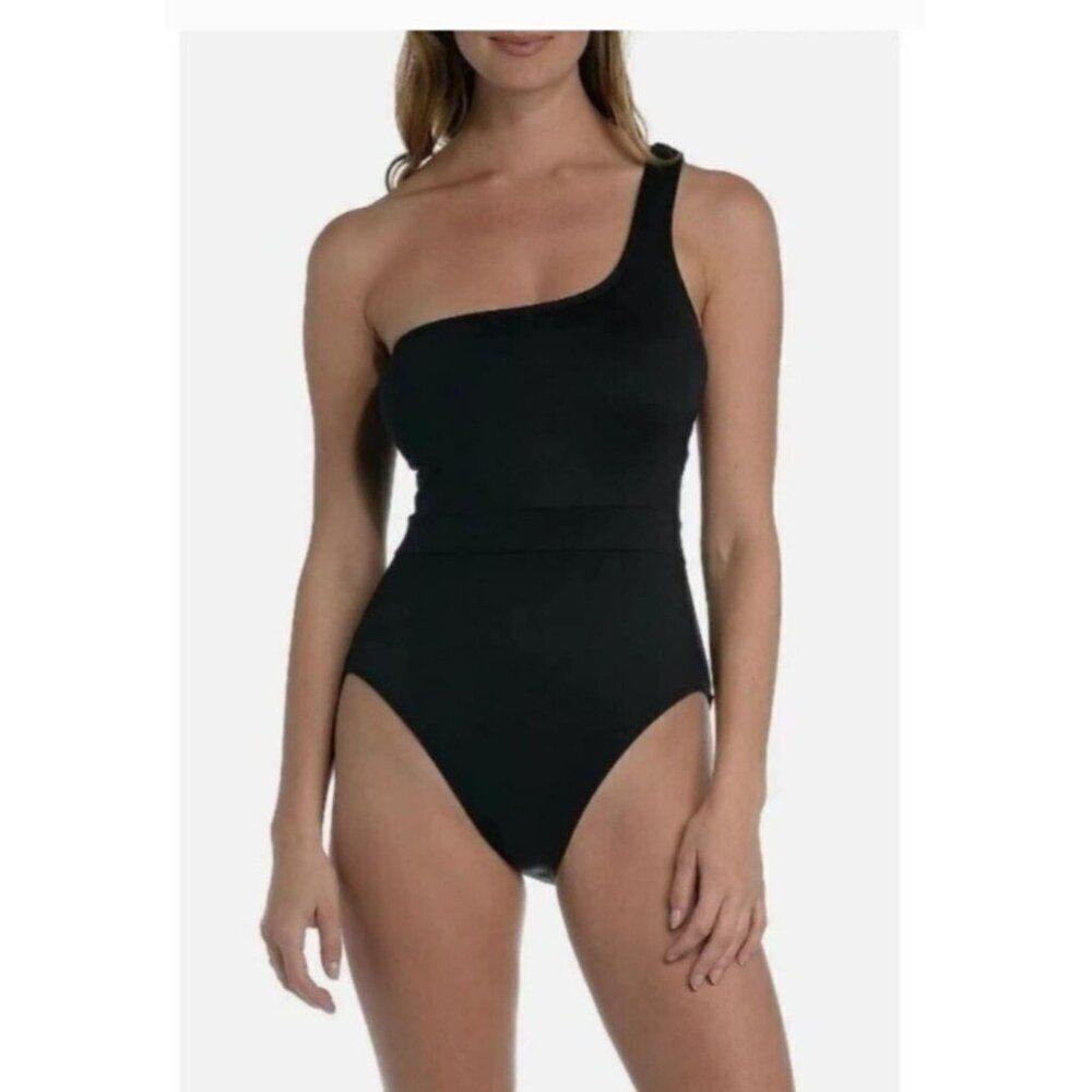 Mynah Womens XL Black One Shoulder Swimsuit Ruched Waist Adjustable Straps